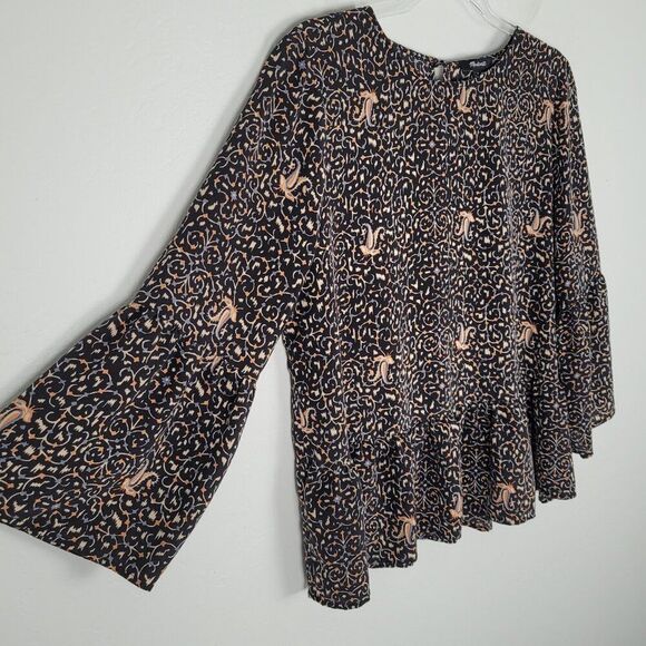 Madewell Silk Blouse 3/4 Bell Sleeve Peplum Patterned Black Multicolor Size L - Picture 5 of 11